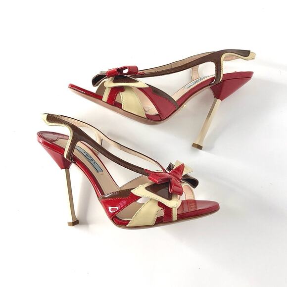 Prada S2012 Flame Red Patent Leather Bow Hotrod Strappy Heeled Sandals 36.5 - Picture 4 of 9